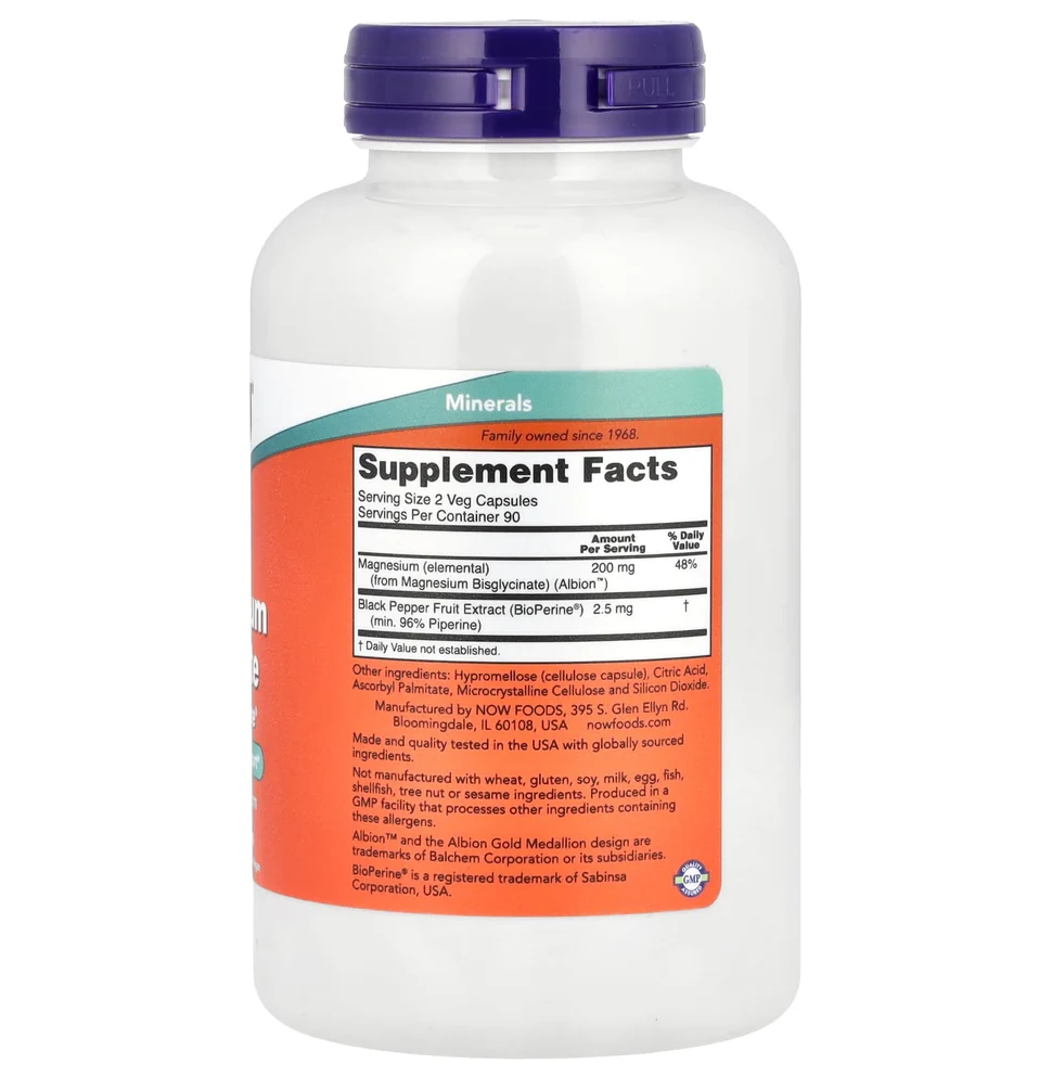 NOW Foods Magnesium Glycinate med BioPerine® 180 Veg Capsules