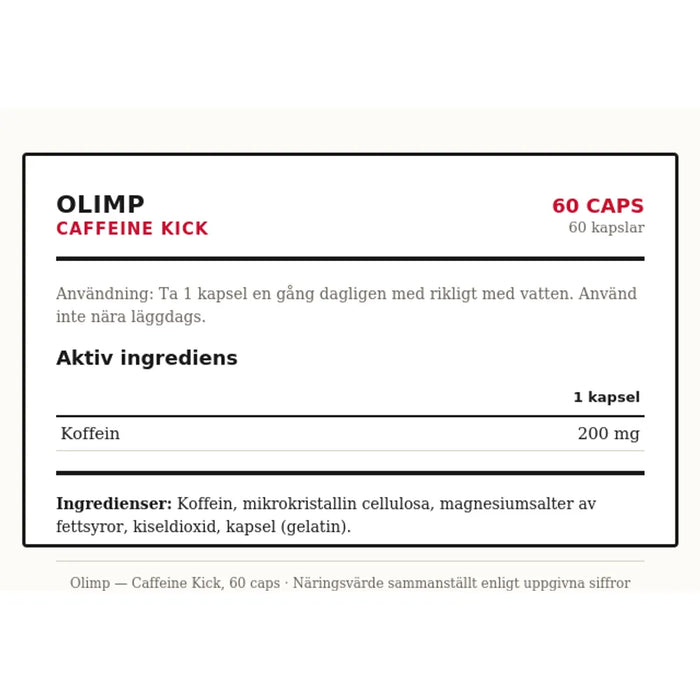 Olimp Caffeine Kick, 60 kapslar med innehåll och dosering