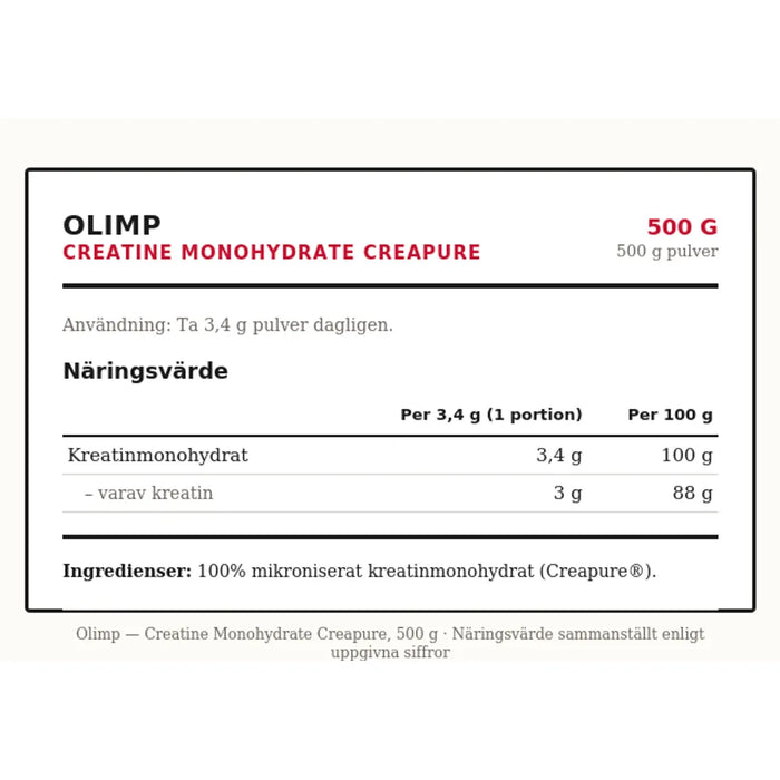 Etikett med innehåll för Olimp Creatine Monohydrate Creapure 500 g