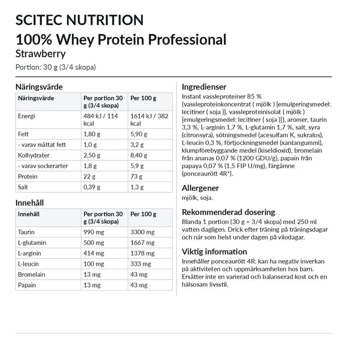 Innehåll Scitec Nutrition 100% Whey Protein Professional 1816 g Jordgubb