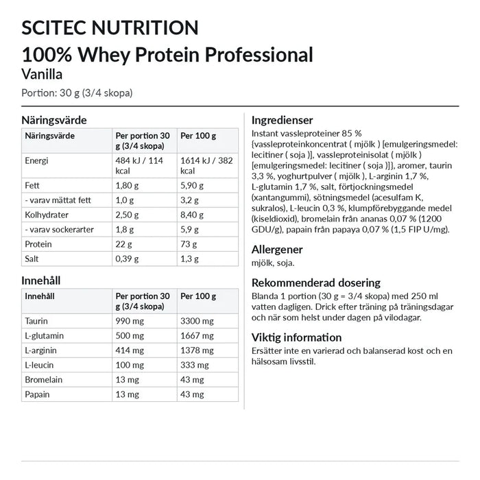 Innehåll Scitec Nutrition 100% Whey Protein Professional 1816 g Vanilj