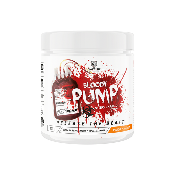 Koffeinfri PWO frånSwedish Supplements. Bloody Pump, 300g Peach Mango