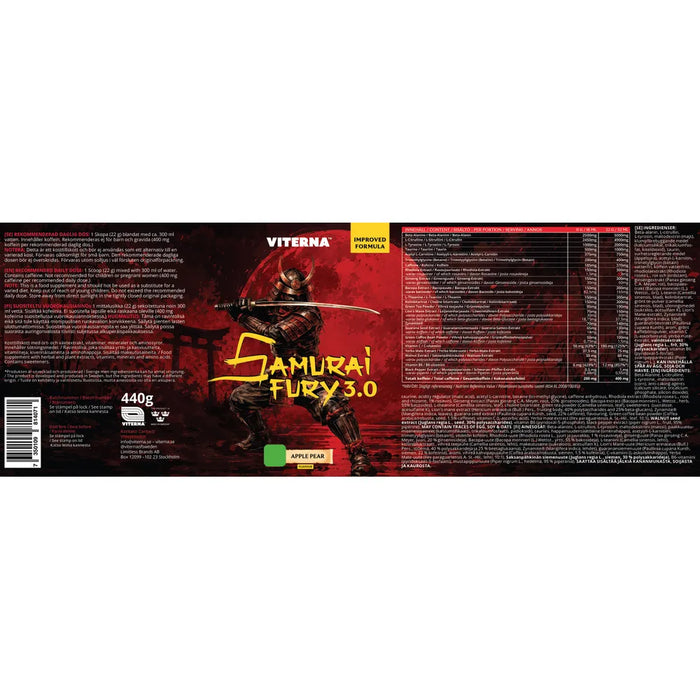Viterna Samurai Fury 3.0 440g Apple Pear  etikett med innehåll