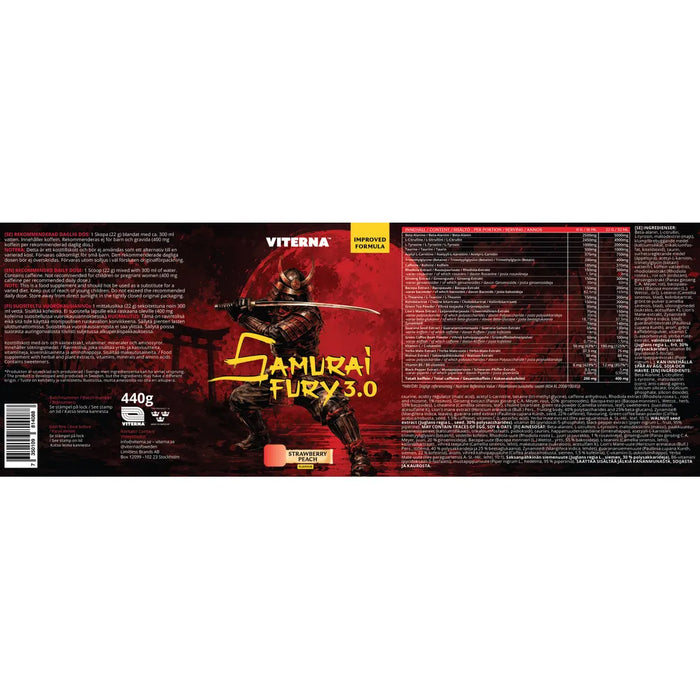 Viterna Samurai Fury 3.0 440g Strawberry Peach etikett med innehållsförteckning