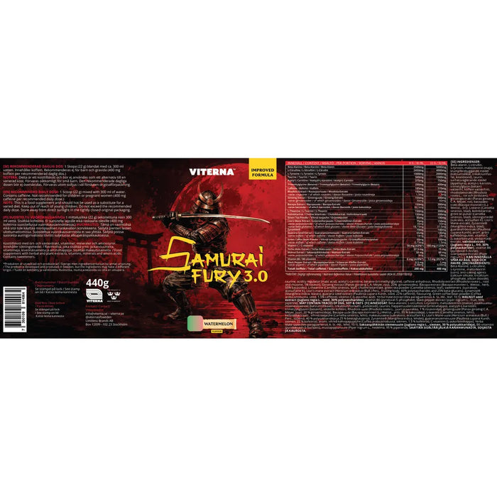 Viterna Samurai Fury 3.0 440g Watermelon produktetikett med innehållsföteckning