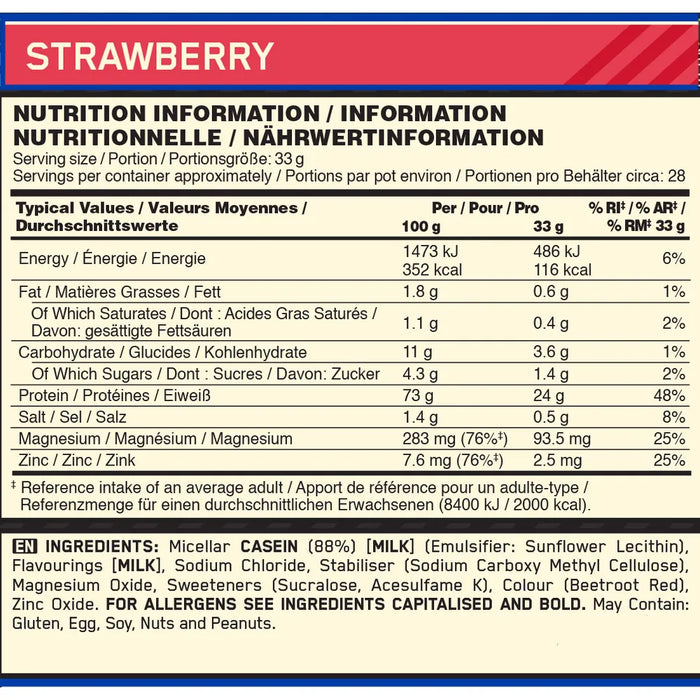 Innehåll Optimum Nutrition 100% Casein Gold Standard 924 g Strawberry